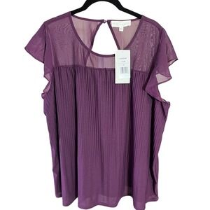 Brea Canyon XL Plum Top Pleated Flutter Sleeve Sheer‎ Panel Blouse
